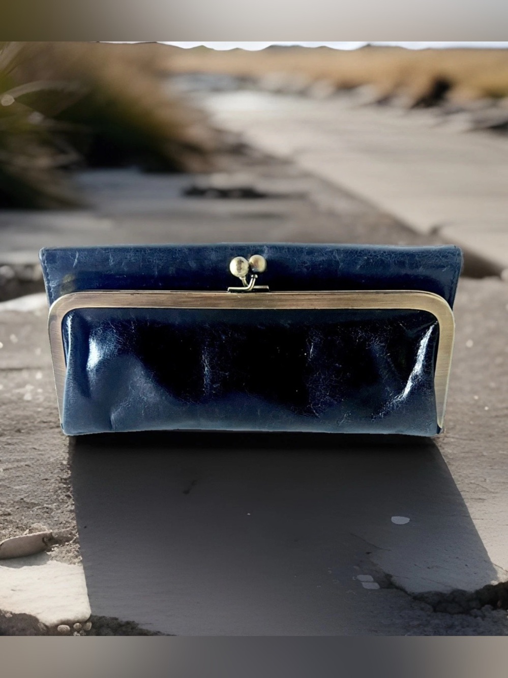 HOBO RACHEL Continental Wallet Black Leather Kiss-Lock Clutch Bag Magnetic Retro